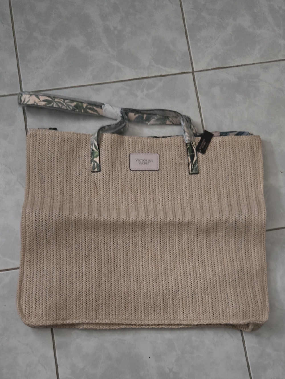 Victoria's Secret Beige Woven Beach Tote with Patterned Handles